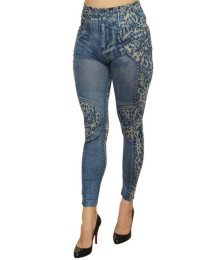 Legging bleu effet jean délavé imprimé léopard - FD1017